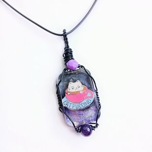 Wire wrapped cat coffee mug resin pendant 22" necklace black purple pink white